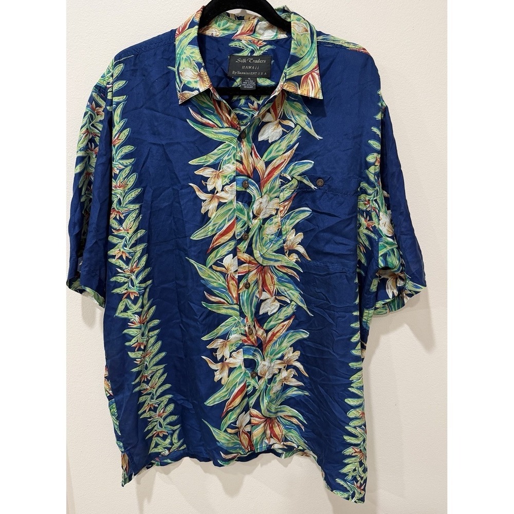 Silk Traders Hawaii‎ Sunrise Ent USA 100% Silk Button Up Shirt XL Wood Buttons - Picture 1 of 4